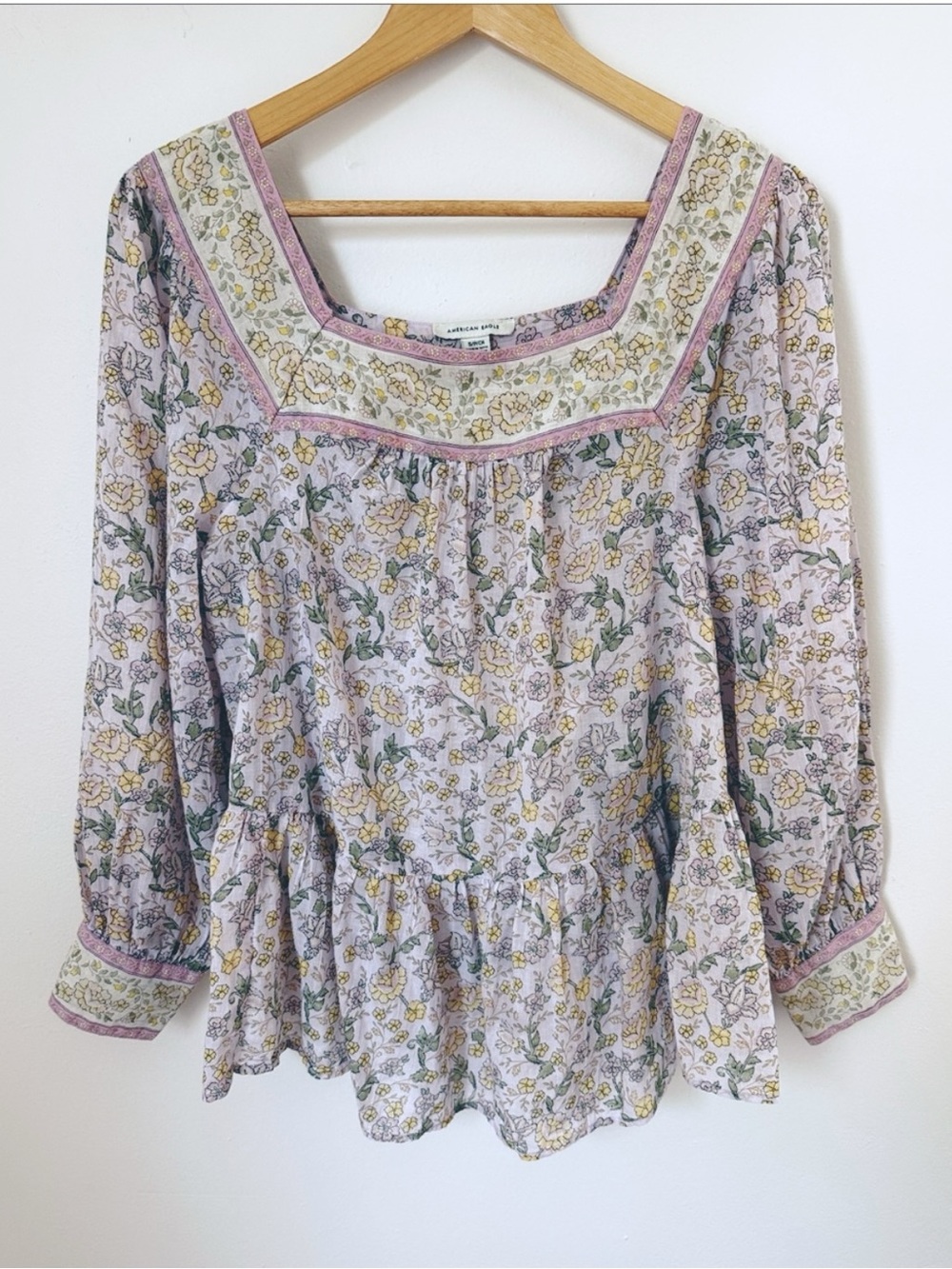 American Eagle Floral Square Neck Peasant Blouse Purple Size S